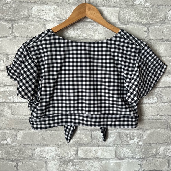 CocoShip Womens 14 Retro Ruched Ruffle Tie Knot Front Top in Gingham Black White - Picture 4 of 9